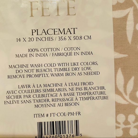 NWT 4 Fête Placemats 100% Cotton Tan, Red & White 14” x 20” - Picture 3 of 4